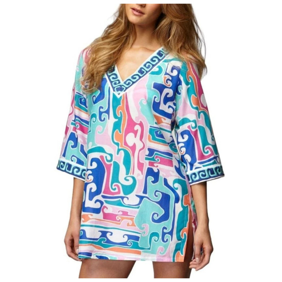 Trina Turk Embroidered Tunic Top Swim Coverup Size Medium Cotton Silk Mod Boho - Picture 1 of 7